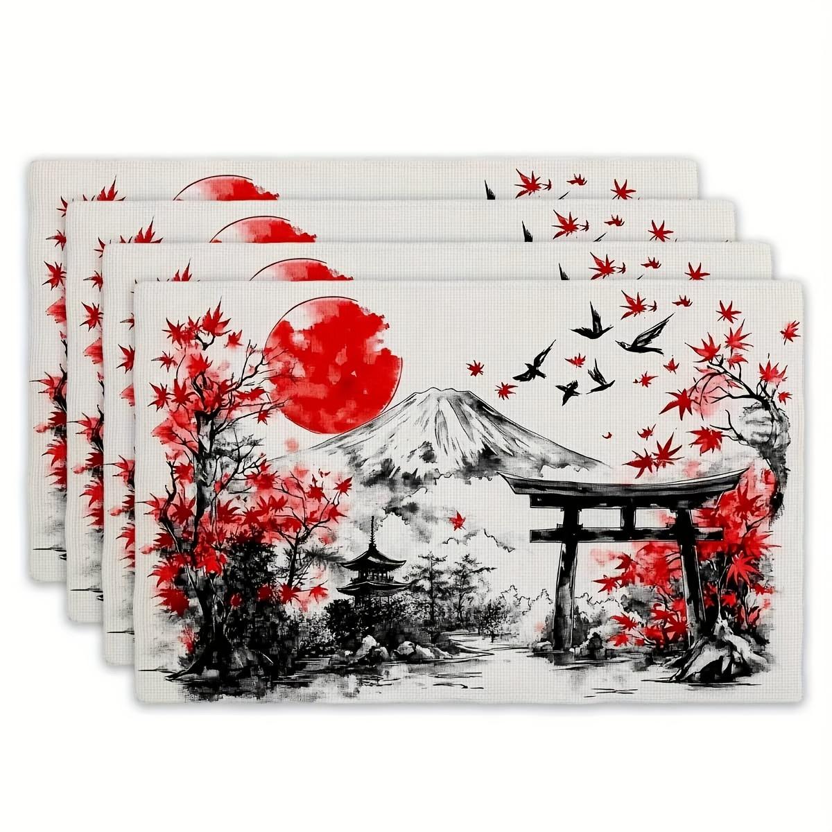 

Japanese Style Placemats Set Of 4 Linen FabricMount Fuji Red Sun CherryBlossoms Table Mats AsianDecor Kitchen Dining Accessories 4Pcs-30X45cm(12X18in