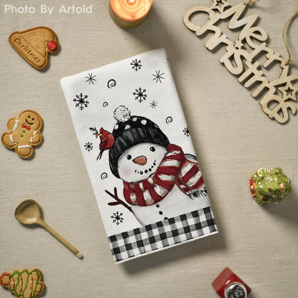 Artoid Mode Red Black Buffalo Plaid Bird Snowman Winter Kitchen Towels Dish Towels, 18x26 Inch Farmhouse Snowflakes Decoration Cleaning Set of 2