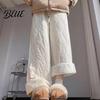 Casual Trousers Women Cotton Pants Elastic High Waist Solid Color Wide Leg Work Causal with Pockets Thickened Plush Lining Winter