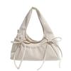 Cream Soft Shoulder Bag with Adjustable Drawstring Bows for Casual Daily or Trendy Urban Outings