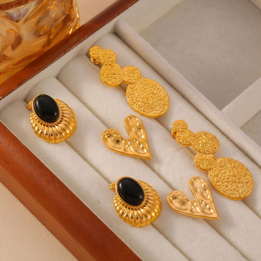 Retro Textured Splicing Earrings: Black Agate, Titanium Steel, Hypoallergenic European & American Fashion for Women