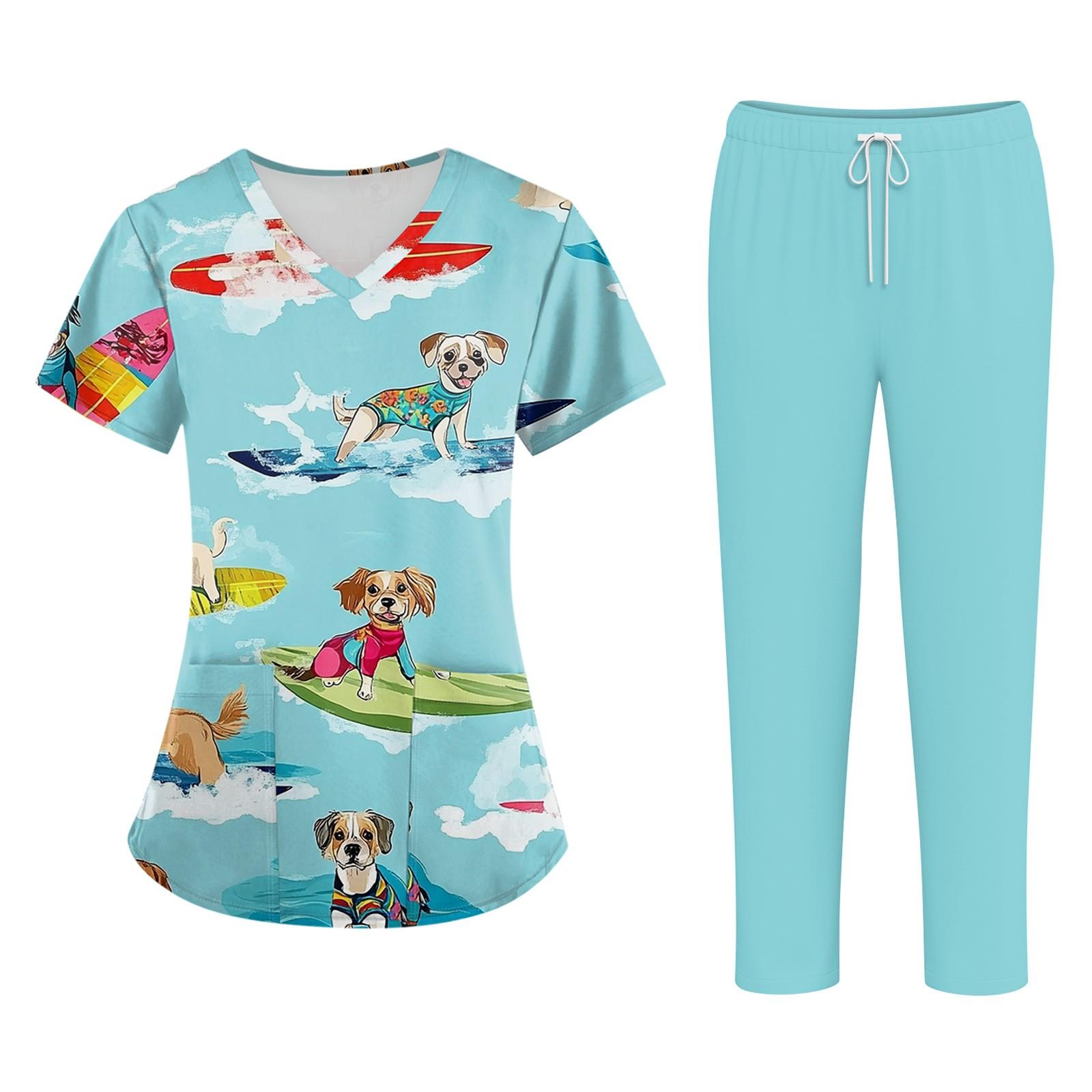 

Плюс размерСкраб с принтом Рабочая форма Топы для женщин Крест V-образным вырезом Хэллоуин Принт с короткими рукавами Забавные футболки Спецодежда Футболка с карманами XXL