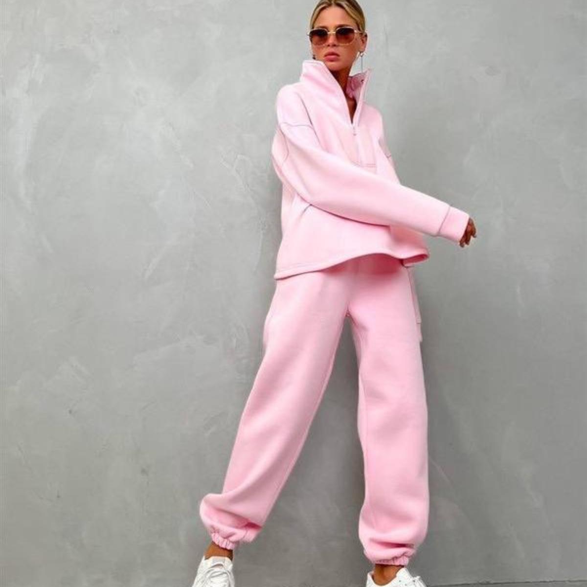 

Жіночий однотонний костюм з довгим рукавом і коміром-стійкою, осінньо-зимовий вільний топ, широкі штани M рожевий