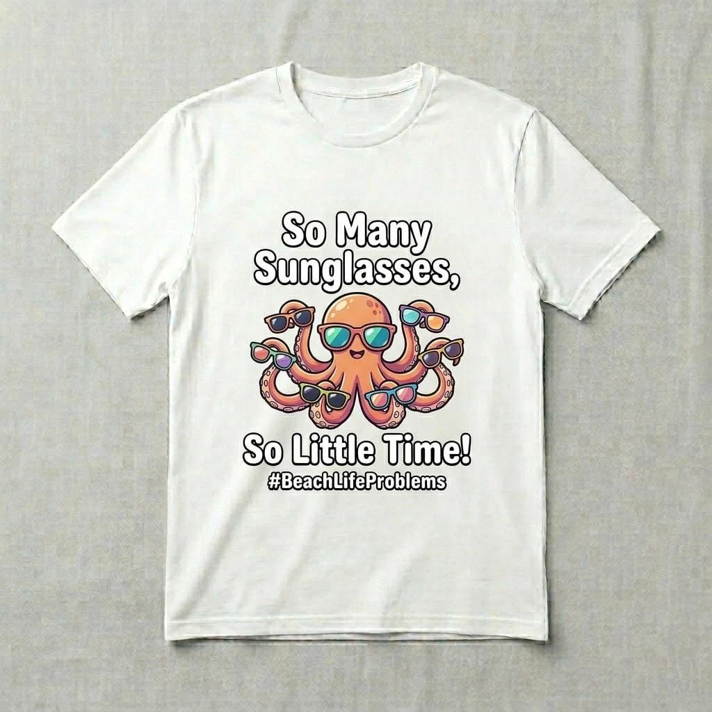 Funny Octopus Beach T-Shirt - So Many Sunglasses Beach Life Problems Tee S