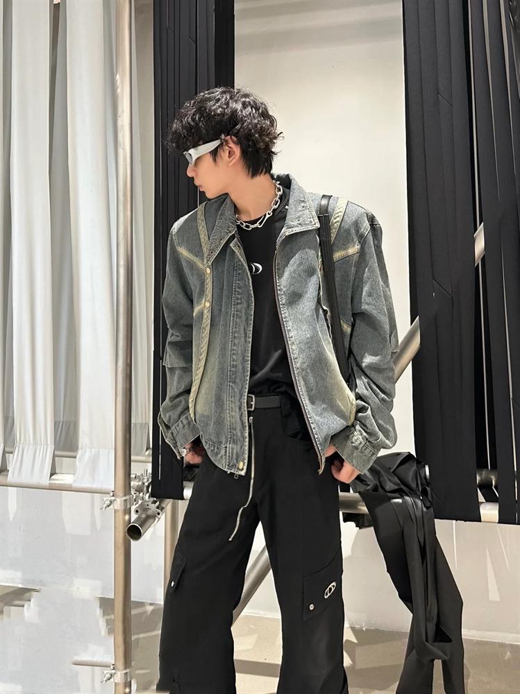 Men's American Retro Denim Jacket - Trendy Street Hip Hop Motorcycle Style for Autumn