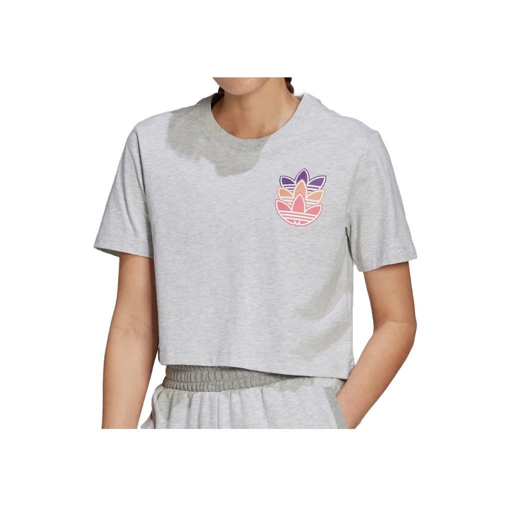 Adidas Originals Trefoil Logo Print Crew Neck Short Sleeve T-Shirt Women Tops Gray H22755