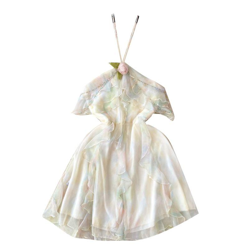 Retro Atmosphere Mesh Fairy Dress Halter Spaghetti Straps