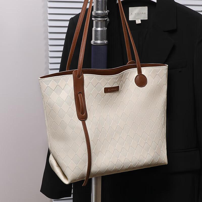 YUYULA Leather Handbag, Women's Tote Bag, Large Capacity, Handheld and Shoulder Strap, Off-White, No Gift Box