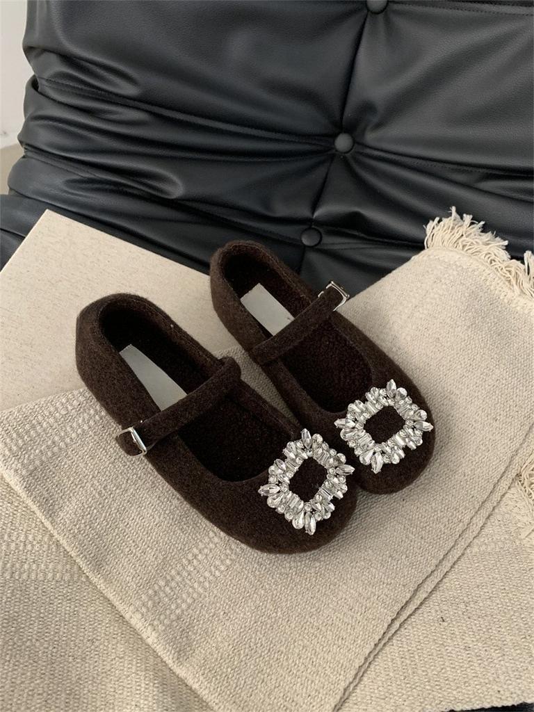 Flat bottom gray felt square head rhinestone single shoes 2025 autumn and winter velvet Mary Jane wool shoes