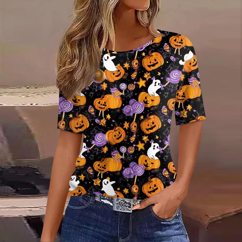 Women's Short Sleeve Halloween and Pumpkin Print T-Shirt, Casual Round Neck Pullover Top for Women