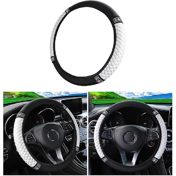 Bling Car Steering Wheel Cover, 15 Inch Rhinestones Soft Leather Elastic Steering Wheel Protector, Sparkly Crystal Diamond For Women Girls, Car