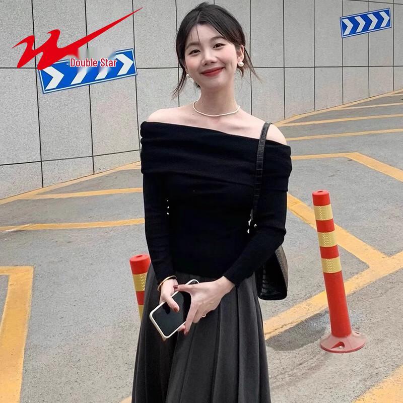

French Style Off-Shoulder Long Sleeve Knit Top S
