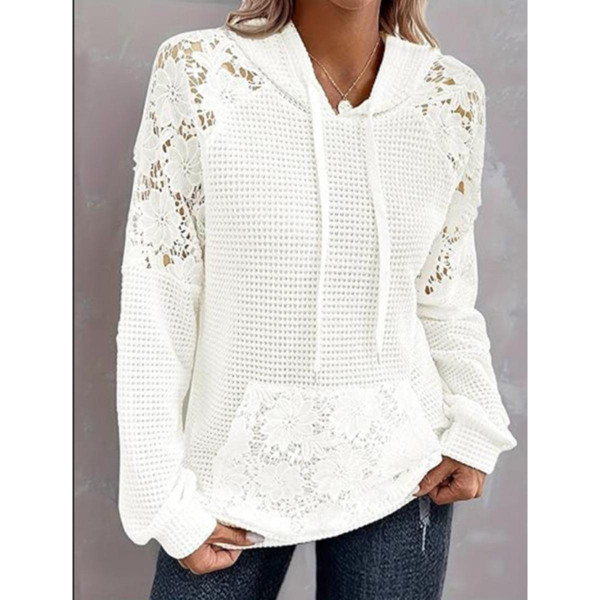 Women s Long Sleeve Lace Patchwork Waffle Knit Hoodie Casual Drawstring Sweatshirt M белый