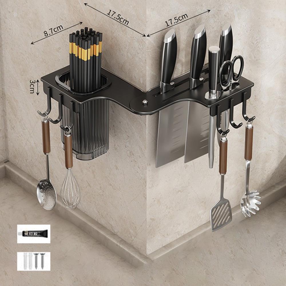 35cm Rotating Kitchen Knife Holder with Utensil Container, Multifunctional Wall-Mounted Corner Storage Rack for Home