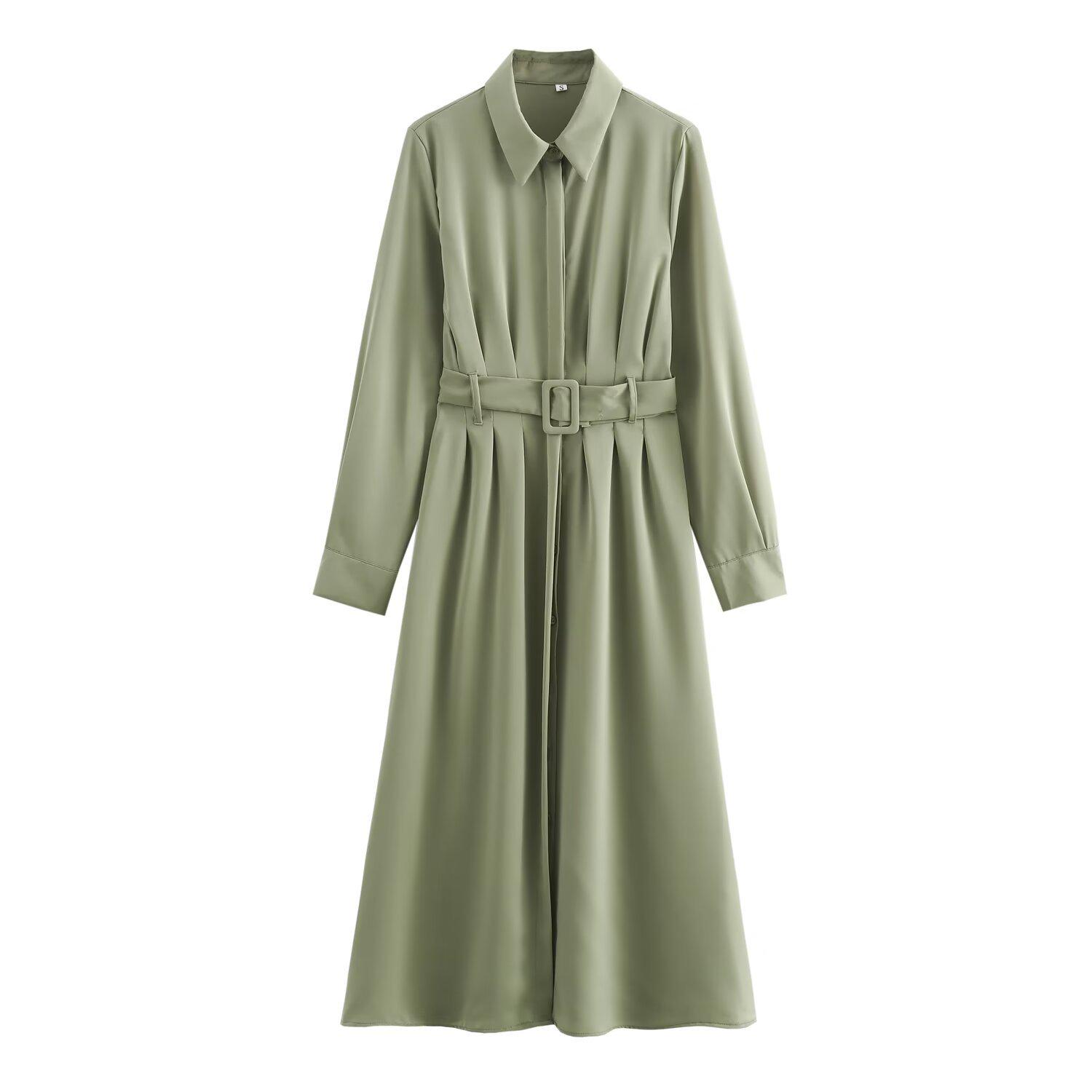 

Летнее женское повседневное платье с поясом в европейском и американском стиле, с длинным рукавом, 2024 Medium зелёный