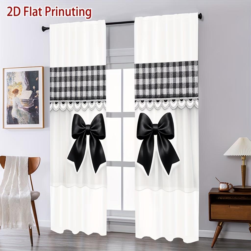 2PCS Digital Printed Curtains, Bows Black Plaid Girly Checkered Pattern, Window Curtains for Living Room Bedroom Home Decoration