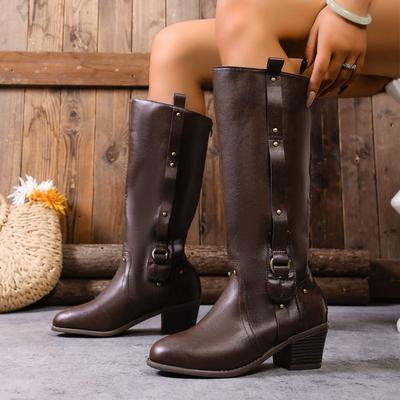 Winter 2025 Fleece Gürtelschnalle Niete Mittelhoher Absatz Ritterstiefel Übergröße Dicke Ferse Westernstiefel Damen
