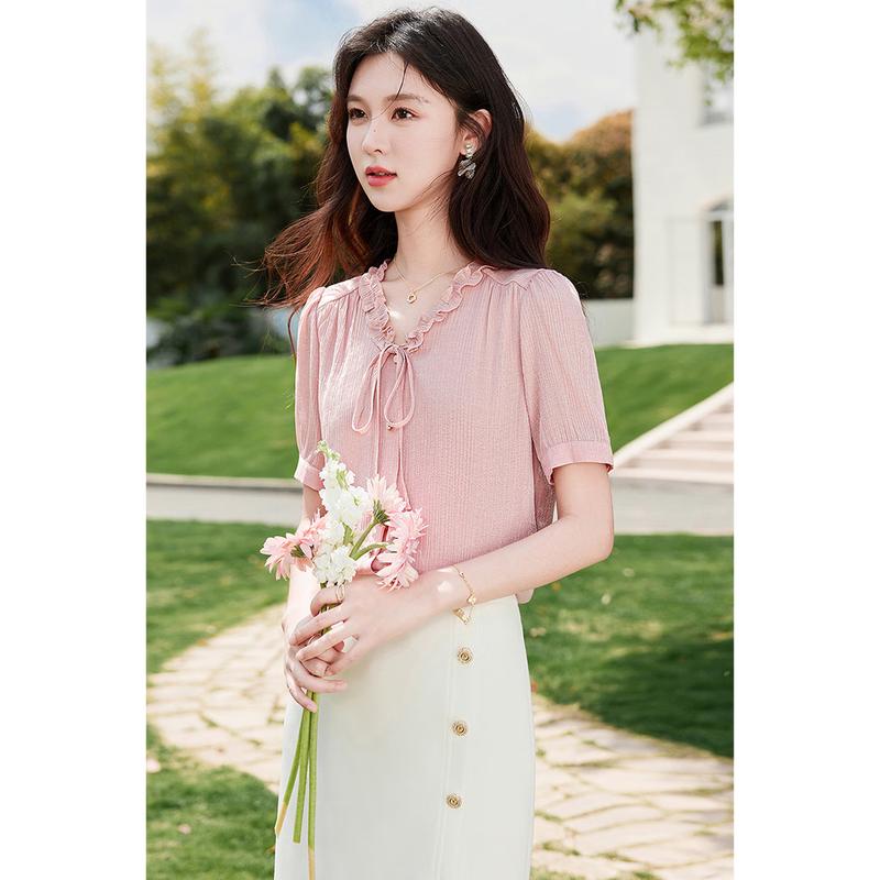 Розовая мятая блузка Sishui Nianhua с завязками спереди M