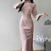 Autumn 2025 Pink Suede Cheongsam with Large Inverted Sleeves – Modern Chinese Style for Women