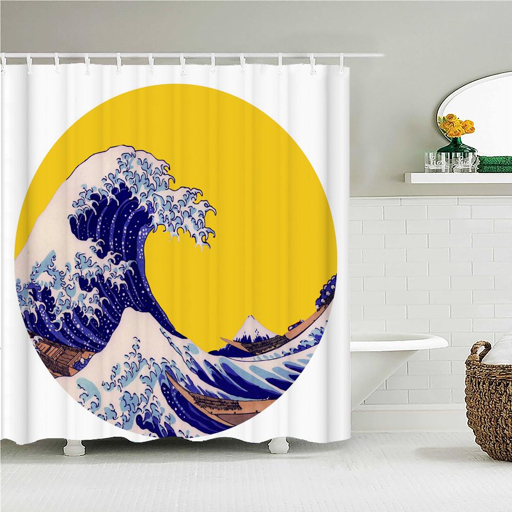 Classic Creativity Waves Spray Bath Curtain Waterproof Fabric Japanese style Shower Curtains Bathroom Bathtub Screen With Hooks