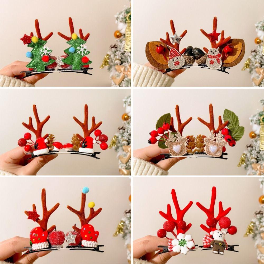 1 Pair Portable Hair Clips Pendants Cute Elk Horn Hair Clips Xmas Headwear  Christmas Decor
