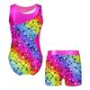 Girls Printed Gymnastics Dance Outfit Sleeveless Patchwork Leotard Jumpsuit Elastic Waist Shorts Suit Performance Practice