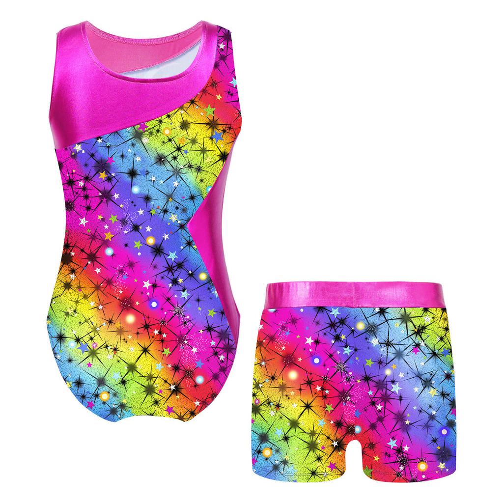 Girls Printed Gymnastics Dance Outfit Sleeveless Patchwork Leotard Jumpsuit Elastic Waist Shorts Suit Performance Practice