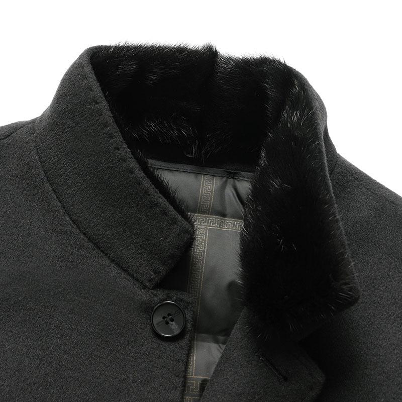 Norkový vlněný kabát se stojáčkem, Odnímatelná péřová podšívka, Oboustranný vlněný kabát, Pánský kašmírový kabát pro střední a starší věk