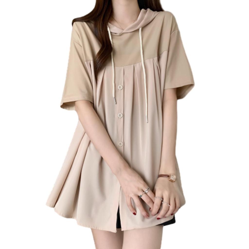 JoccKorr Short Sleeve Hooded Cute and Features a Contrast Fits Your Loose Plus Sizes Solid Perfect for Everyday Women's Blouse, Stylish, Color,