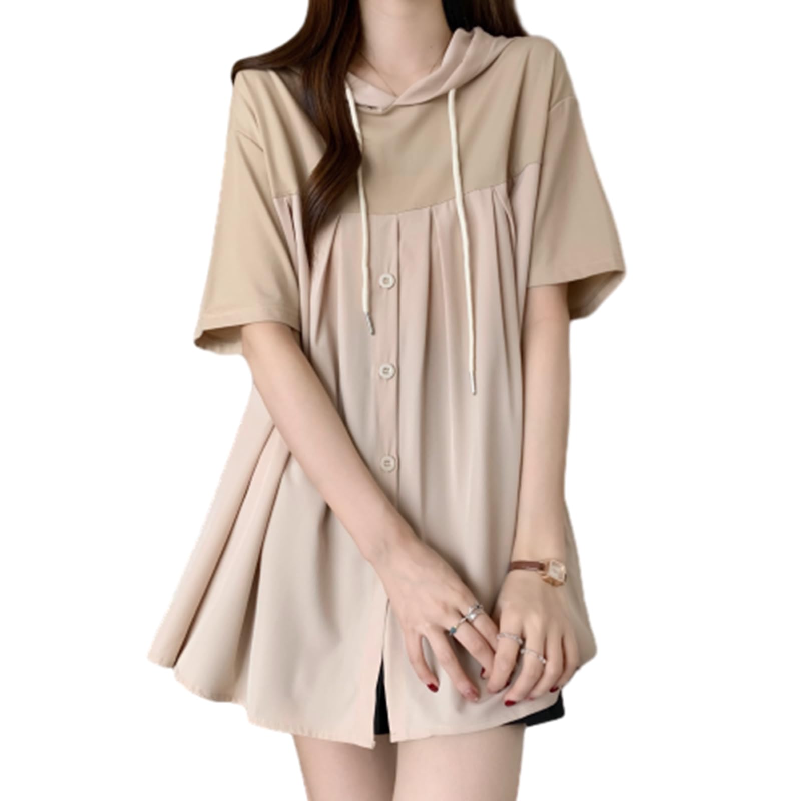 

JoccKorr Short Sleeve Hooded Cute and Features a Contrast Fits Your Loose Plus Sizes Solid Perfect for Everyday Women s Blouse, Stylish, Color, абрикосовый