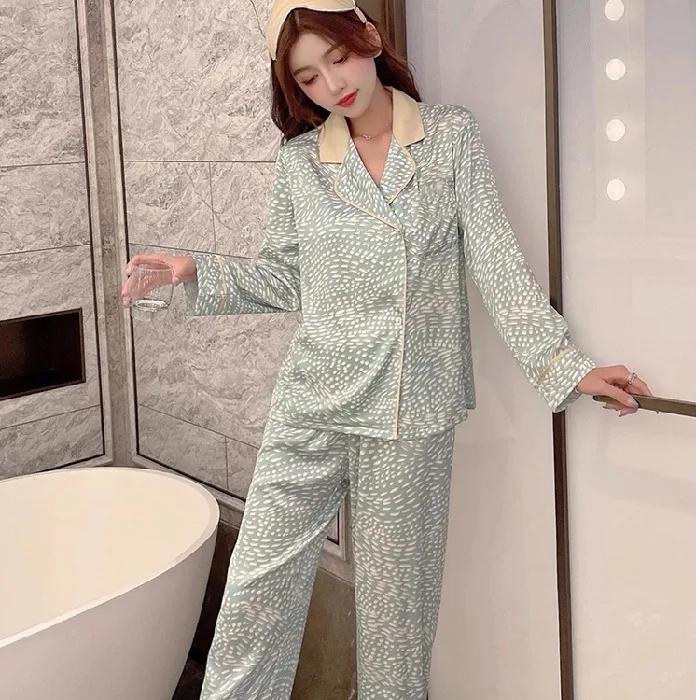 

Ice Silk Pajamas for Women s High-end Cardigan Long-sleeved Trousers Hot Style Suit Home Service Top Quality Women s Pajamas Set XXL