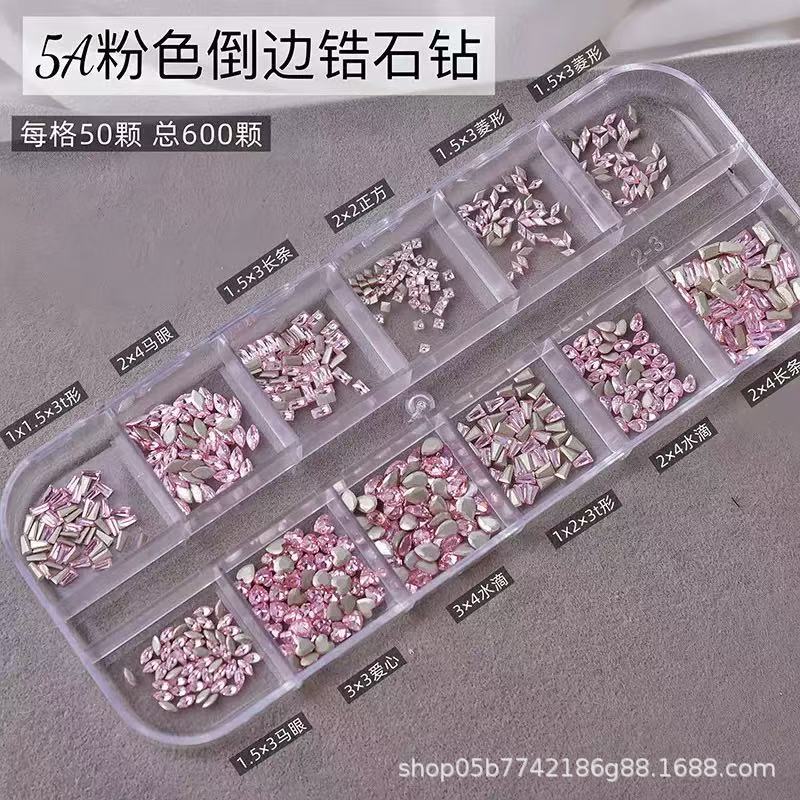 High-Quality 12 Compartment Mini Beveled Zirconia Nail Art Rhinestones - Super Shiny, Irregular Shapes, Pointed Bottom. 12 Compartment Pointed Rhinestones White
