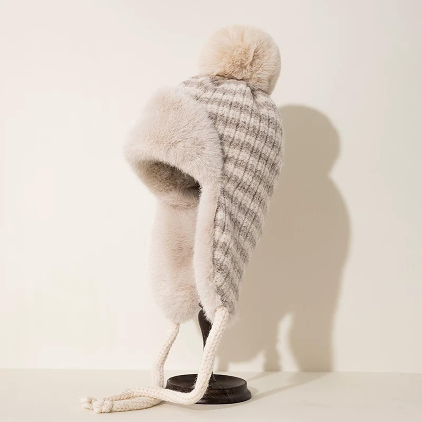 

Women s Wool Ball Knitted Lei Feng Hat With Thick Velvet And Striped Cute Warm Riding Windproof Woolen Hat One Size