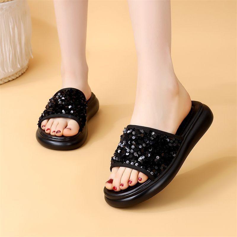 Flat-bottomed Soft-soled Slippers for Summer Wear 2025 New Sequined Fashion Medium Heel Versatile Beach Sandals Lazy Word