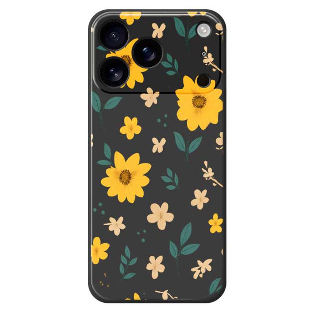 

For iPhone 17 Pro Case Yellow Floral and Leaves Pattern Printing Straight Edge TPU Phone Back Cover Black