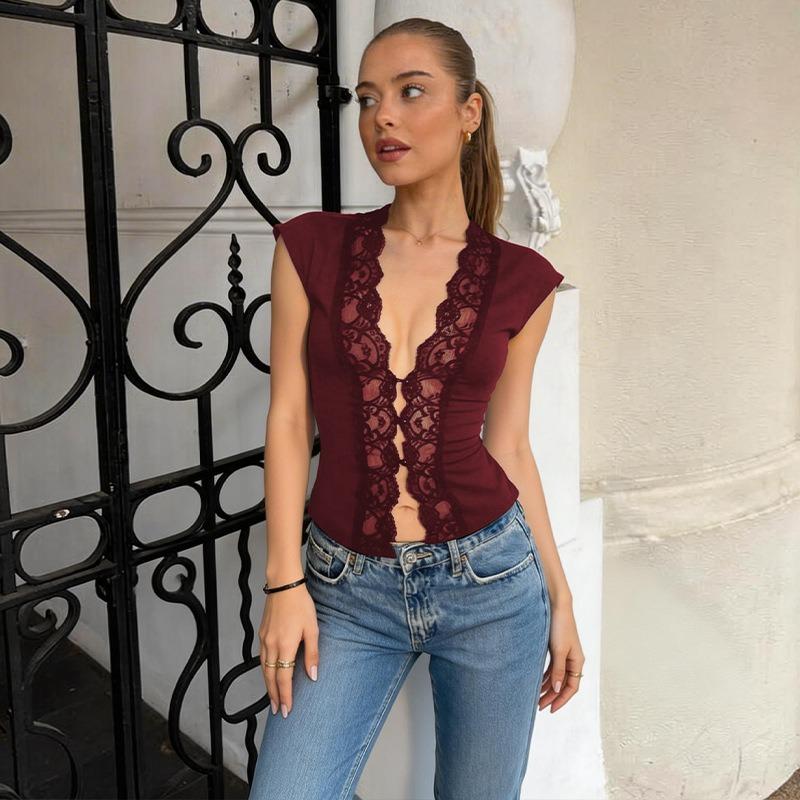 Women Lace Trim V Neck Top Cap Sleeve Form Fitting Casual Solid Color Open Front Blouse