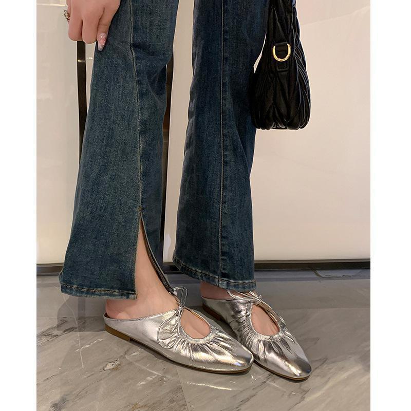 Spring 2025 new French pleated lace-up bag head half slippers women's silver Mary Jane shoes flat casual women's shoes