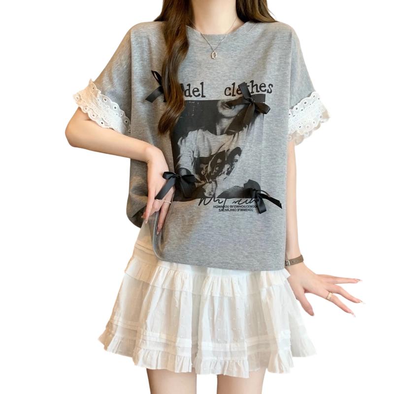 La Chapelle Women s French Lace Patchwork Printed Round Neck Short Sleeve T-Shirt L