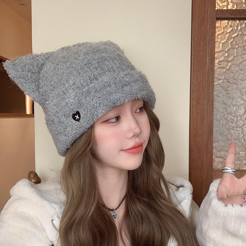 Hat for Women In Autumn and Winter Wool Rolls Love Embroidery Knitted Hat Warm Cute Ear Wool Hat Women Cold Hat