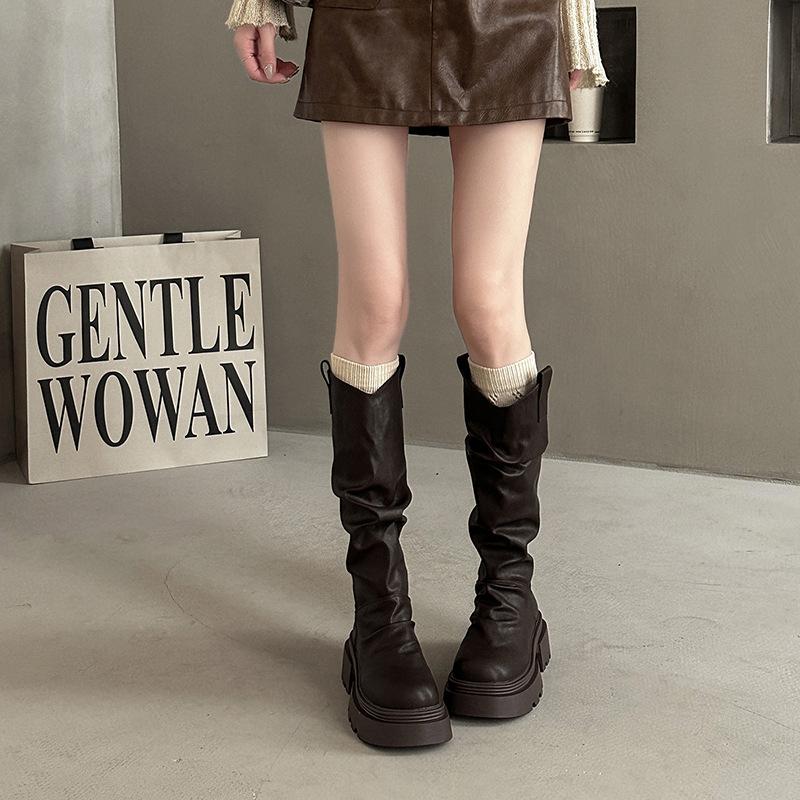 Fashion retro British style thick heel platform boots women's 2025 autumn and winter new Maillard skirt knight boots