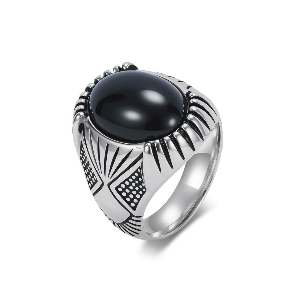 European and American Retro Black Gemstone Ring Men's Niche Personality American Locomotive Tough Guy Style Wear Accessories