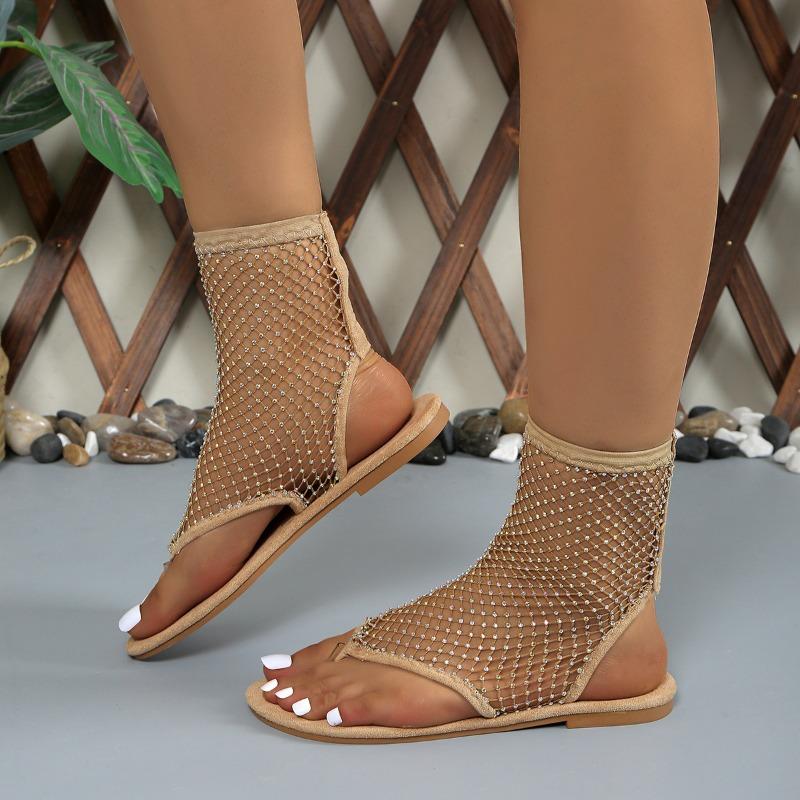 Women's Summer Foreign Trade Women's Flat Sandals Clip Mesh Press Drill Sexy Lace Flat Sandals