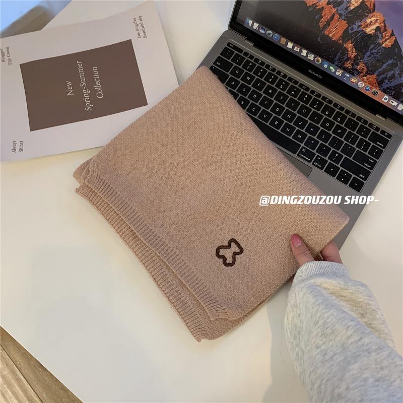 Cute bear embroidered knitted scarf female autumn and winter versatile student warm solid color scarf male