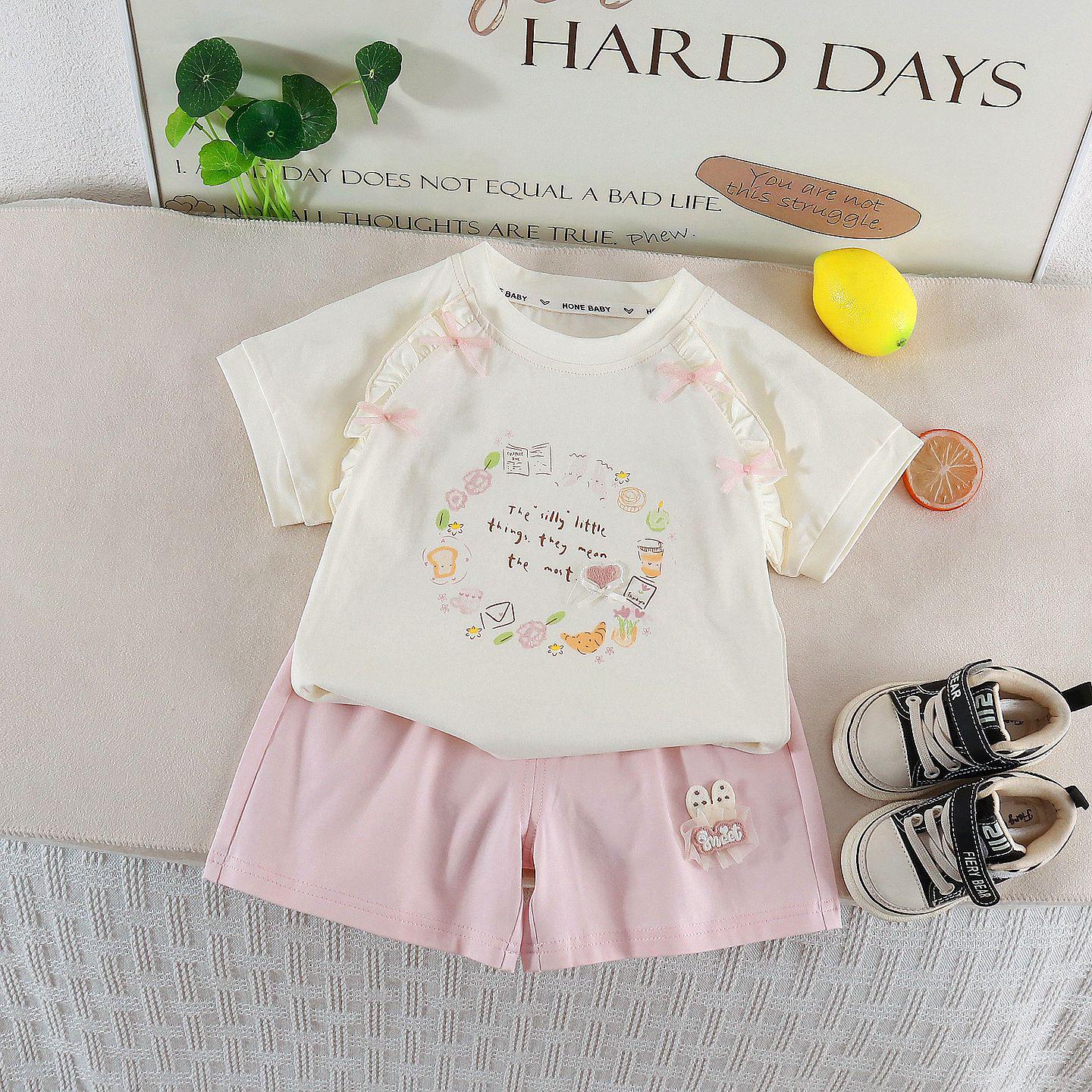 Summer 2026 Girls  Floral T-shirt & Shorts Set - Stylish Round Neck Two-Piece Outfit 100 cm розовый
