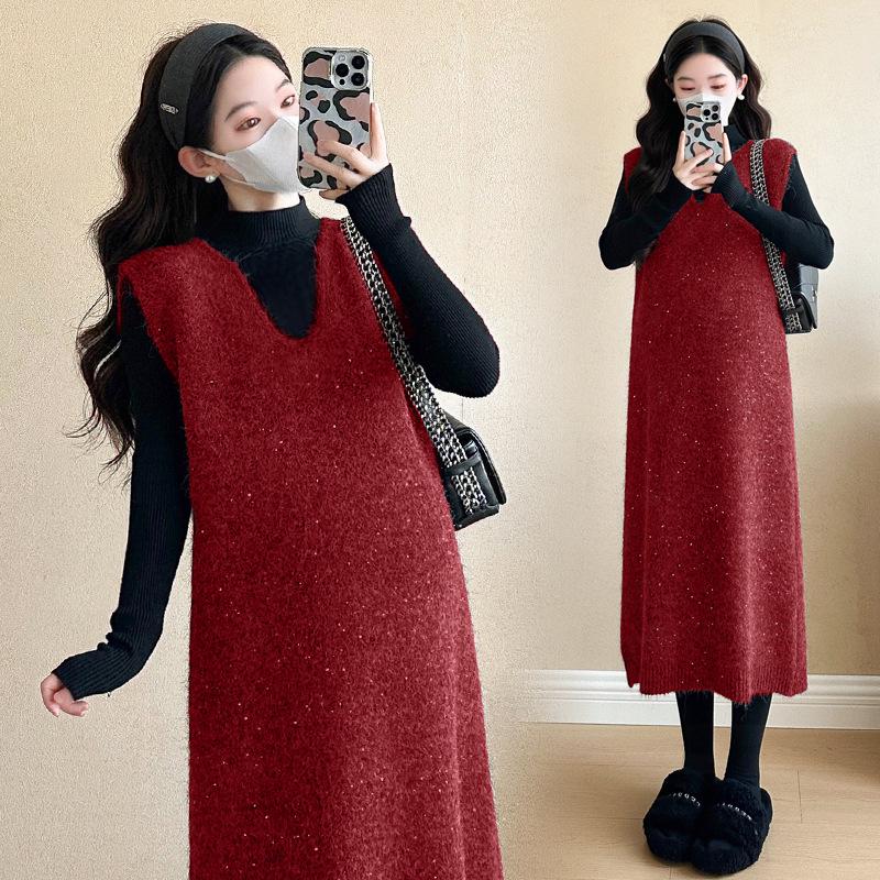 2026 Fall/Winter Korean Style Glitter Maternity Dress & Base Layer Set