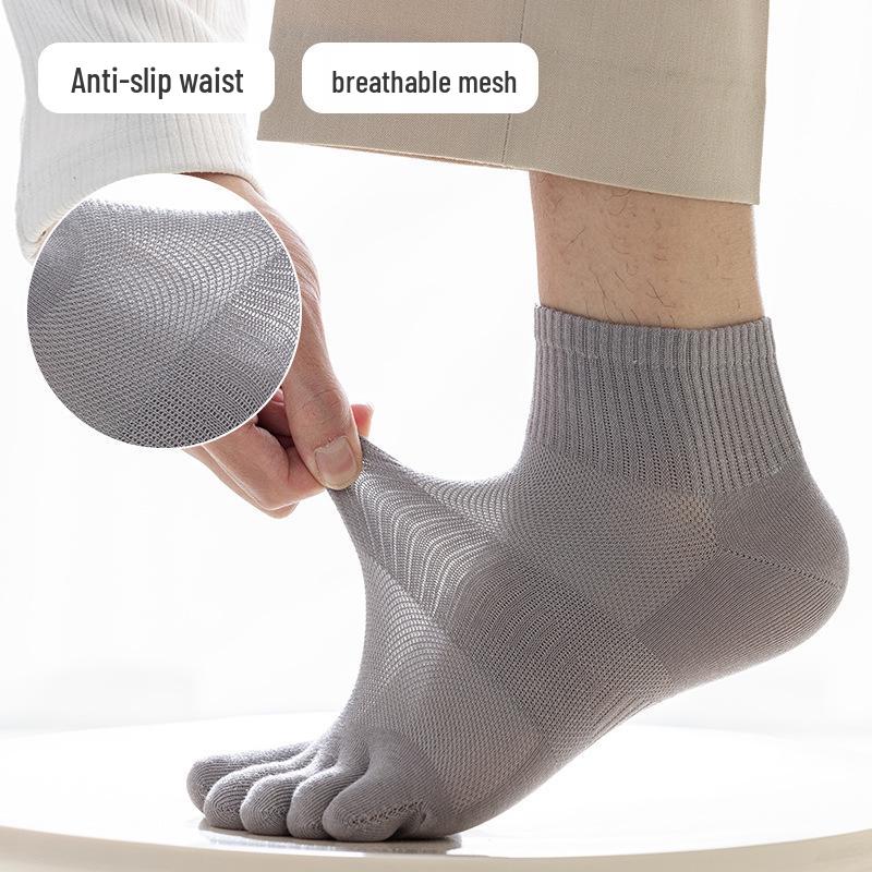 Men's Mid-Calf Five-Toe Cotton Socks - Spring/Summer, Sweat-Wicking, Deodorizing, Solid Color, Seamless, Long, Mesh, Sports, Split-Toe.