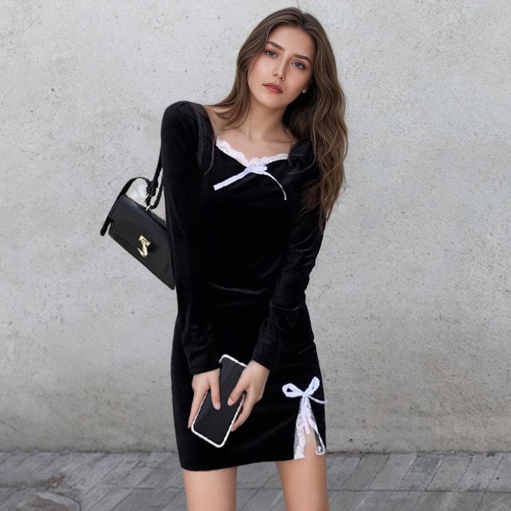 

Women s Elegance Lace Splicing Velvet Long-sleeved Dress XL чорний