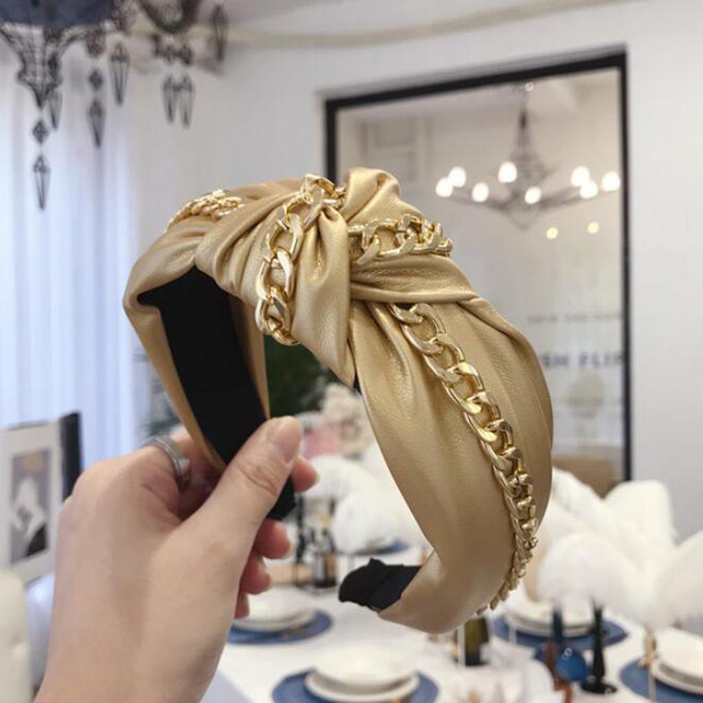 New Fashion Leather Headband Women Soft PU Hairband Gold Alloy Chain Headwear Wide Side Solid Headwear Autumn Hair Accessories