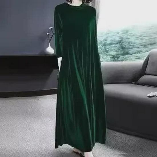 Women's Gold Velvet Knee-Length Long Dress - Autumn/Winter Collection