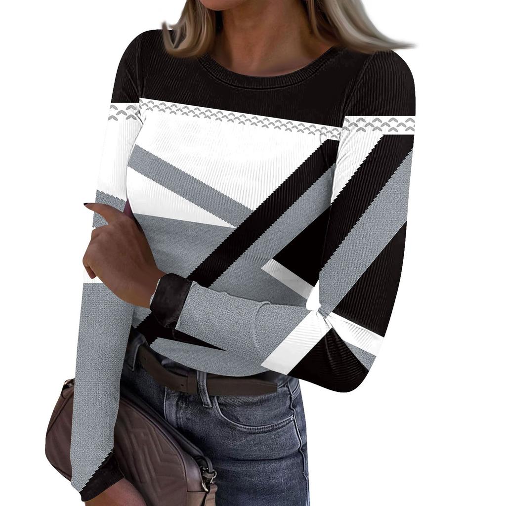 Damen T-Shirt mit Rundhalsausschnitt und schmaler Unterseite, für den Winter, modisch, lässig, bedruckt, langärmelig